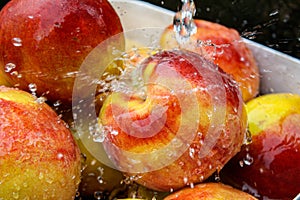 Ripe peaches with water splashes evoking the refreshing and enticing flavors of summer.