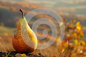 A ripe pear rests gracefully on top of a weathered tree stump, set against the picturesque backdrop of an autumn