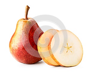 Ripe pear and sliced pieces on a white, isolated.