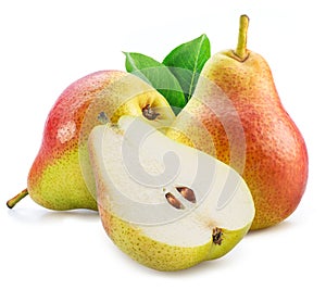 Ripe pears with green leaf and cross section of pear with seeds isolated on white background