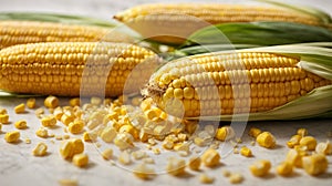 Ripe peeled ear of corn on a white