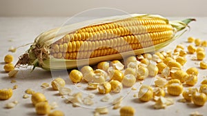 Ripe peeled ear of corn on a white