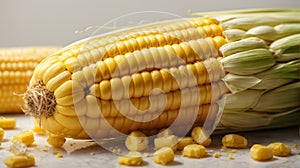 Ripe peeled ear of corn on a white