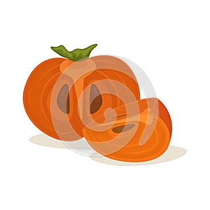 Ripe persimmon with a green leaf. Vector illustration of fruit