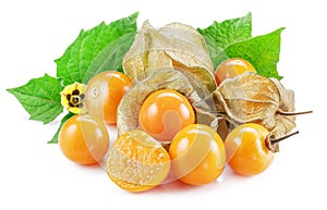 Ripe physalis or golden berry fruits with leaves and flower isolated on white background