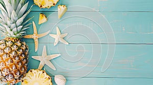 Ripe pineapple and beach sea life style objects over pastel mint blue wooden background.Tropical summer vacation concept. banner