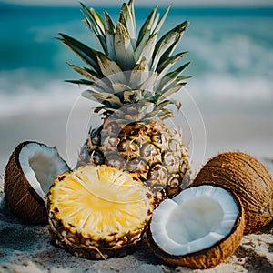 Ripe Pineapple and Coconuts on Tropical Sandy Beach