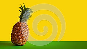 Ripe pineapple. Green floor. Yellow background. Copy space