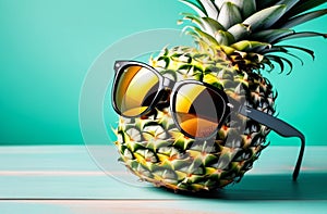 Ripe pineapple in stylish sunglasses over wooden table background Tropical summer vacation concept