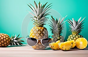 Ripe pineapple in stylish sunglasses over wooden table background Tropical summer vacation concept