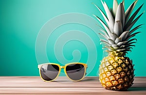 Ripe pineapple in stylish sunglasses over wooden table background Tropical summer vacation concept