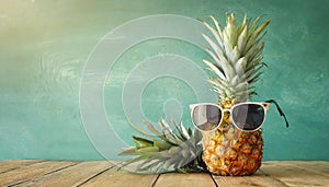 Ripe pineapple in stylish sunglasses over wooden table background. Tropical summer vacation concept. top view