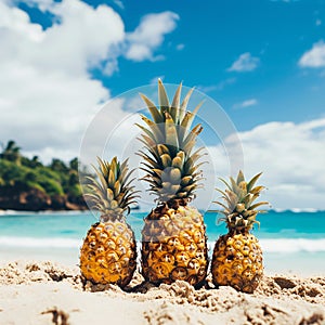 Ripe pineapples on the sandy tropical beach Leisure in summer and Summer vacation concept. vintage color tone. family