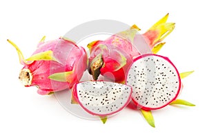 Ripe pink dragon fruit on white background