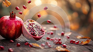 Ripe pomegranate fruit, seeds falling