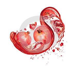 Ripe pomegranate in splashes of red juice isolated on a white background