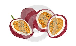 Ripe pulpy passion fruits isolated on white. Juicy sweet flesh with seeds of ripened passionfruit halves. Exotic photo