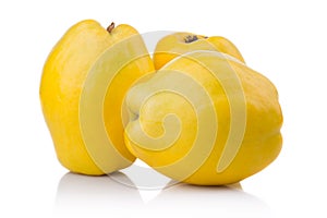 Ripe quince fruits with leaf and slice isolated