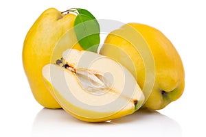 Ripe quince fruits with leaf and slice isolated