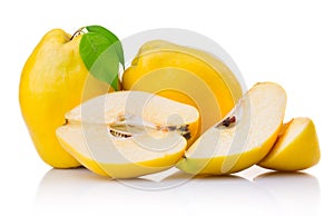 Ripe quince fruits with leaf and slice isolated