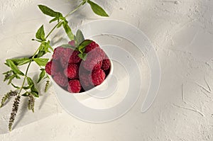 Ripe rasberries and fresh leaves of mint on the white table.Natural sunlight in the morning