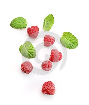 Ripe rasberries and mint leaves