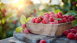 Ripe raspberries in a wooden box in the garden. Gardening and healthy eating concept