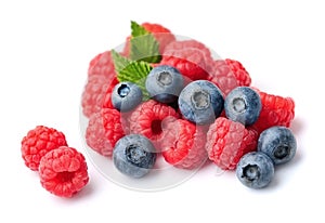 Ripe raspberry and blueberries.