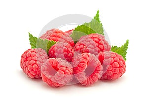 Ripe raspberry with leaf on white