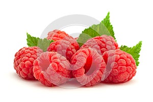 Ripe raspberry with leaf on white