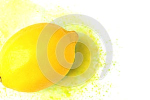 Ripe raw lemon on hand drawn watercolor background of yellow color splashes paintbrush strokes. Creative food art poster