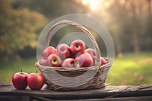 Red apple basket in a rustic setting