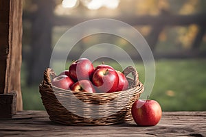 Red apple basket in a rustic setting