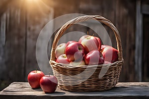 Red apple basket in a rustic setting