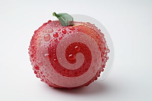 A ripe red apple covered in sparkling water droplets, vibrant and fresh