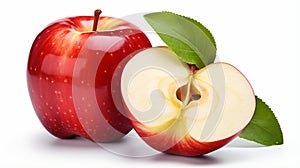 Ripe red apple fruit with apple half and green apple leaf isolated on white background Generative AI