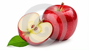 Ripe red apple fruit with apple half and green apple leaf isolated on white background Generative AI