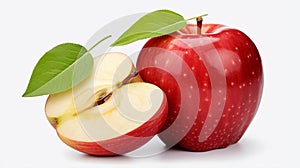 Ripe red apple fruit with apple half and green apple leaf isolated on white background Generative AI