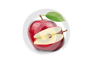 Ripe red apple fruit with apple half and green apple leaf isolated on white background
