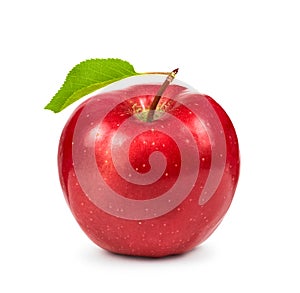 Ripe red Apple with green leaf