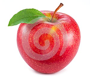 Ripe red apple with green leaf on white background