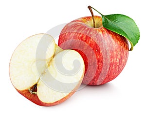 Ripe red apple with half and apple leaf isolated on white