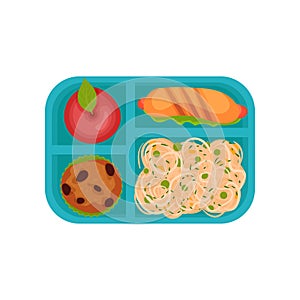 Red apple, hot dog, cupcake and spaghetti with green peas in lunch box, top view. Tasty food. Flat vector icon