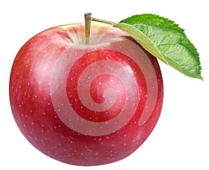 Ripe red apple with leaf.