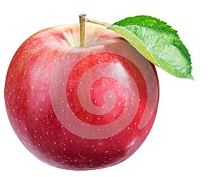 Ripe red apple with leaf.