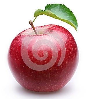 Ripe red apple with a leaf.