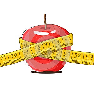 Ripe red apple and yellow measuring tape