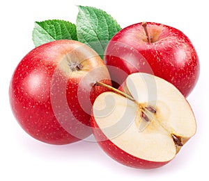 Ripe red apples and apple slice isolated on white background