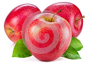 Ripe red apples with green leaves isolated on white background