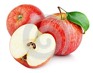 Ripe red apples with half and apple leaf isolated on white